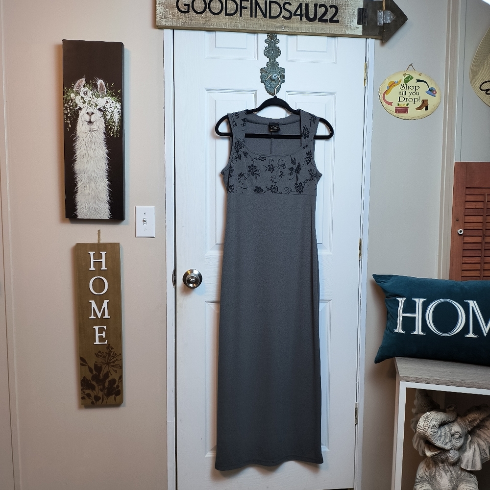 Vintage B. Moss Elegant Modest Floral Sleeveless Maxi Tank Dress 6 Gray/Black